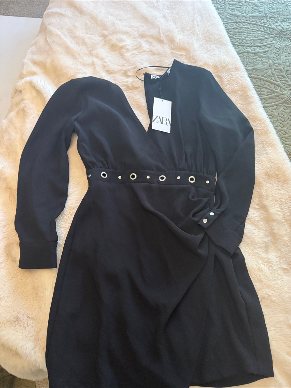 ZARA Black Long-Sleeve Wrap Dress with Grommet Waist